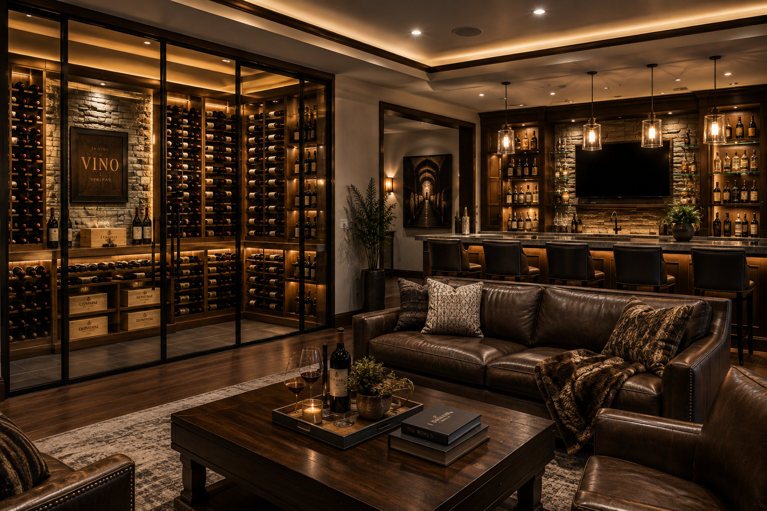 A luxury entertainment room featuring a custom wine cellar and home bar.