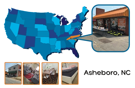 Map showing the 200-mile service area of ML Services and Furniture LLC centered on Asheboro NC