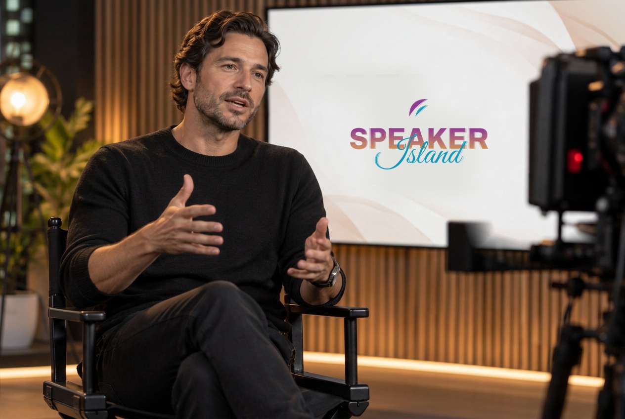 A founder delivering a keynote from the casting chair on a multi-camera set