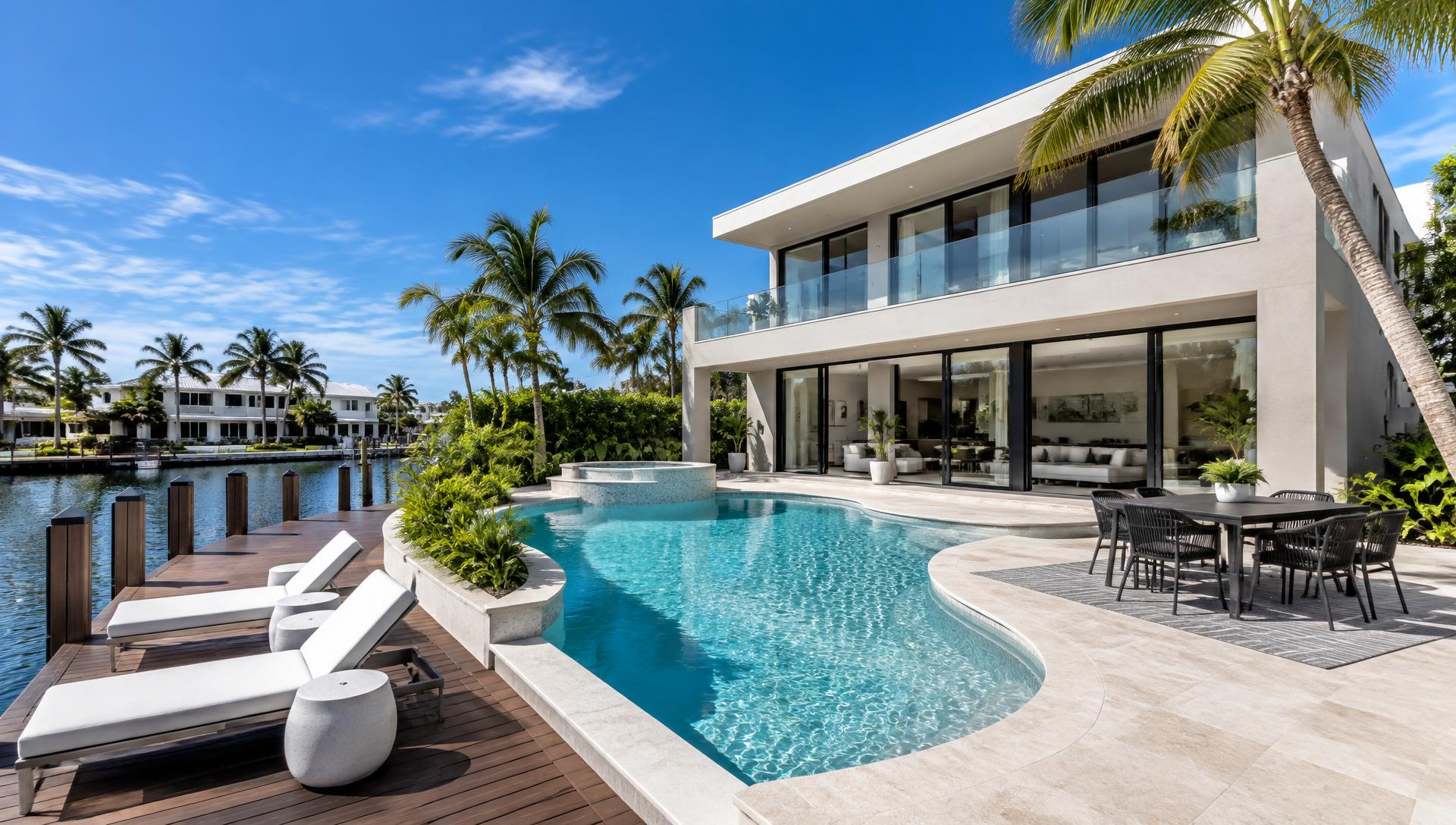 Waterfront villa with pool and dock in bright daylight