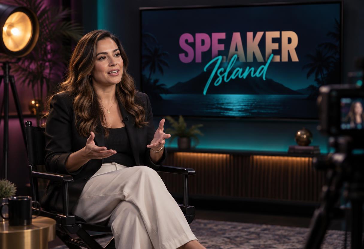 A speaker in a director-style chair on the Speaker Island studio set
