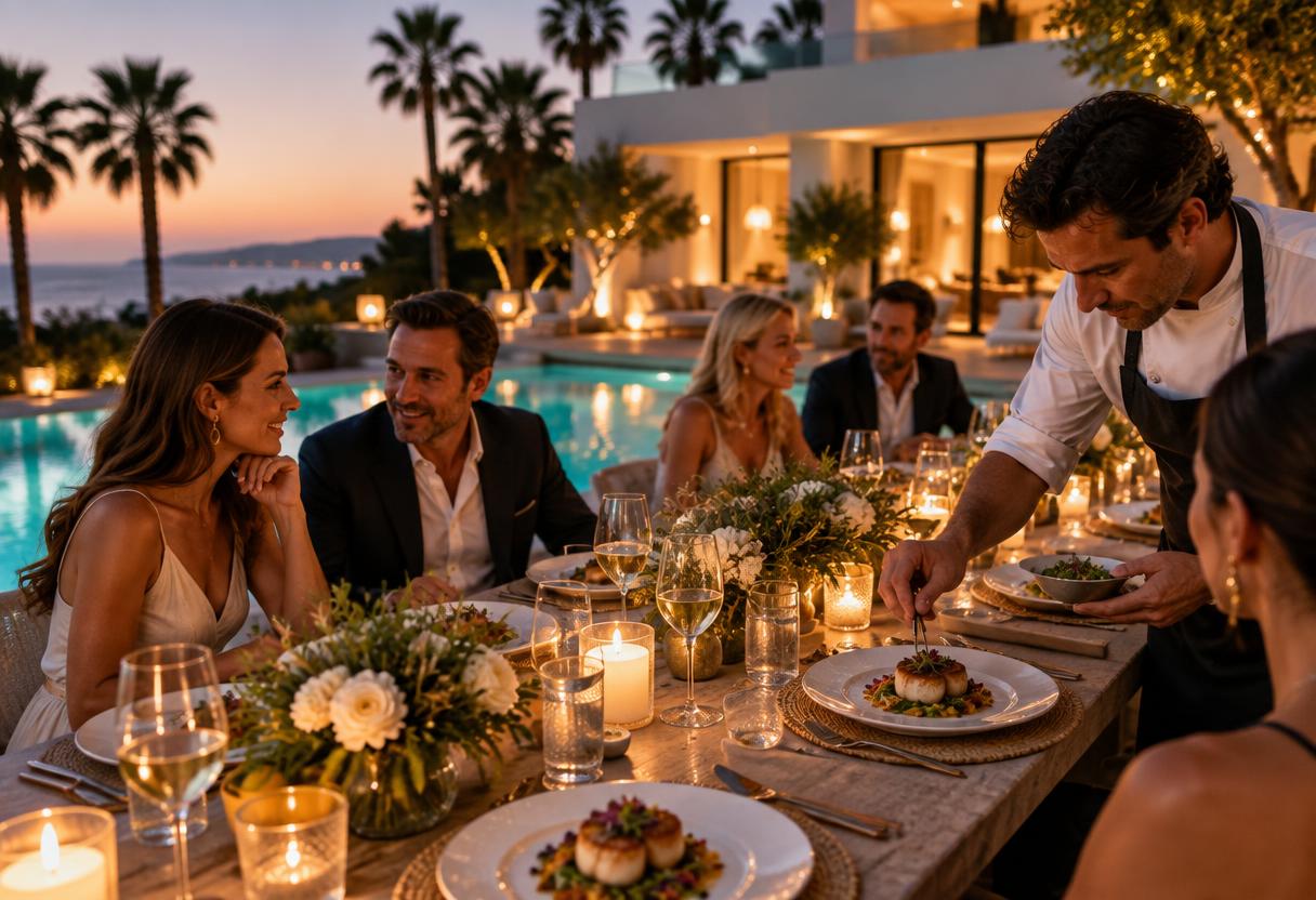 A private chef dinner beside the pool at dusk