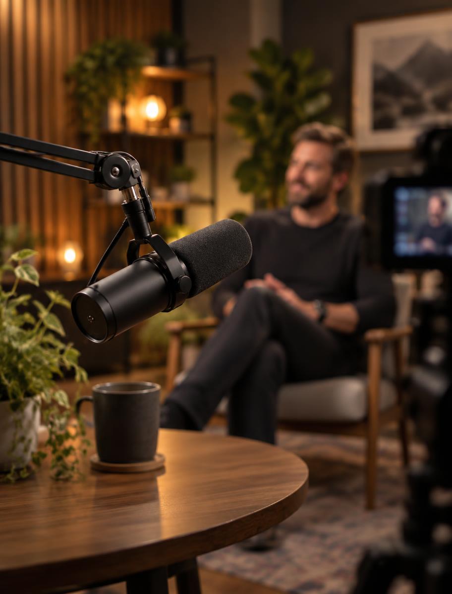 Broadcast microphone in the foreground of a studio interview