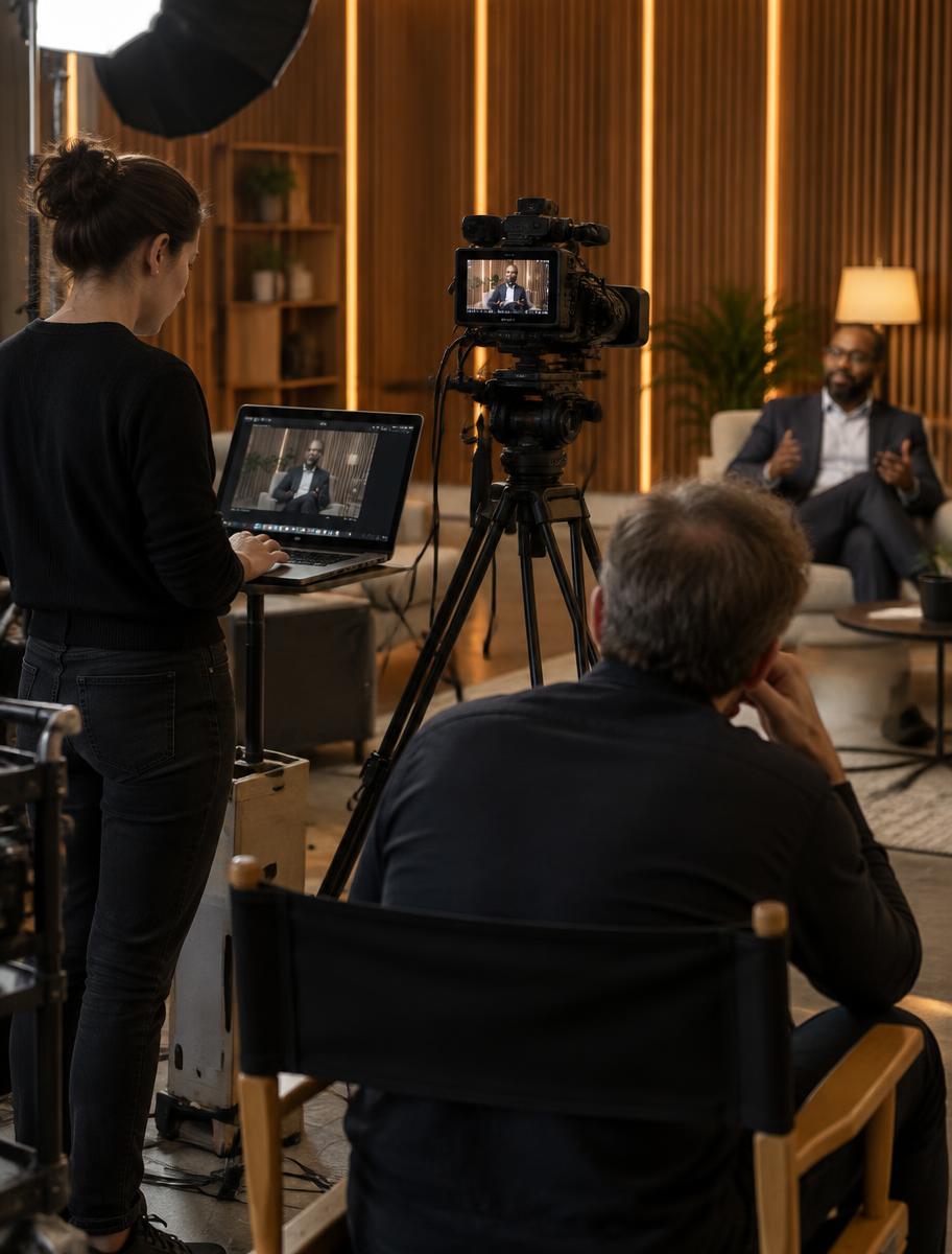The production crew reviewing footage on set