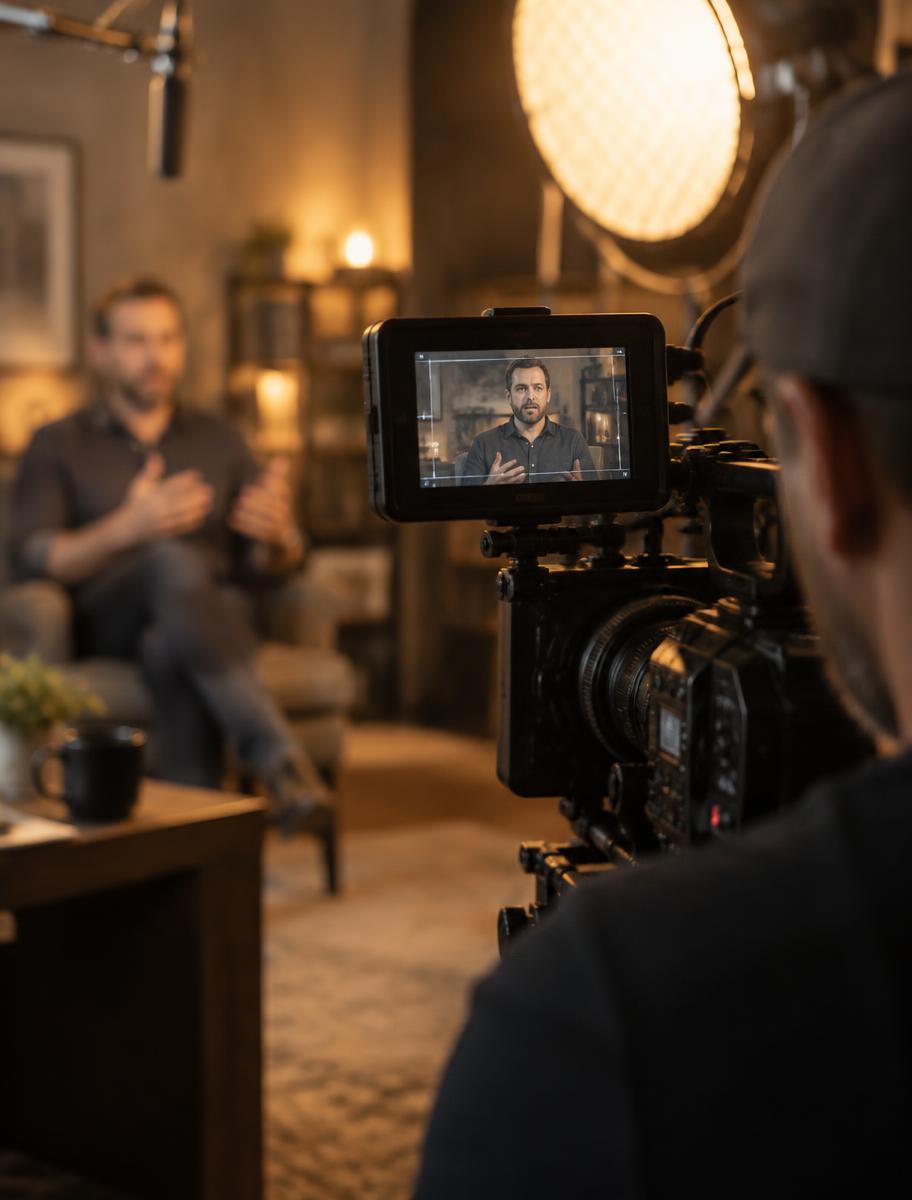 Cinema camera monitor framing a speaker mid-interview