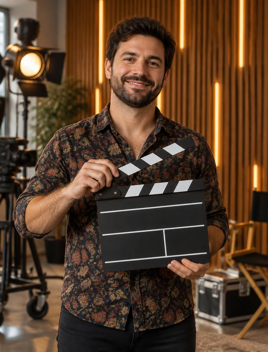 A cast member holding a clapperboard on set