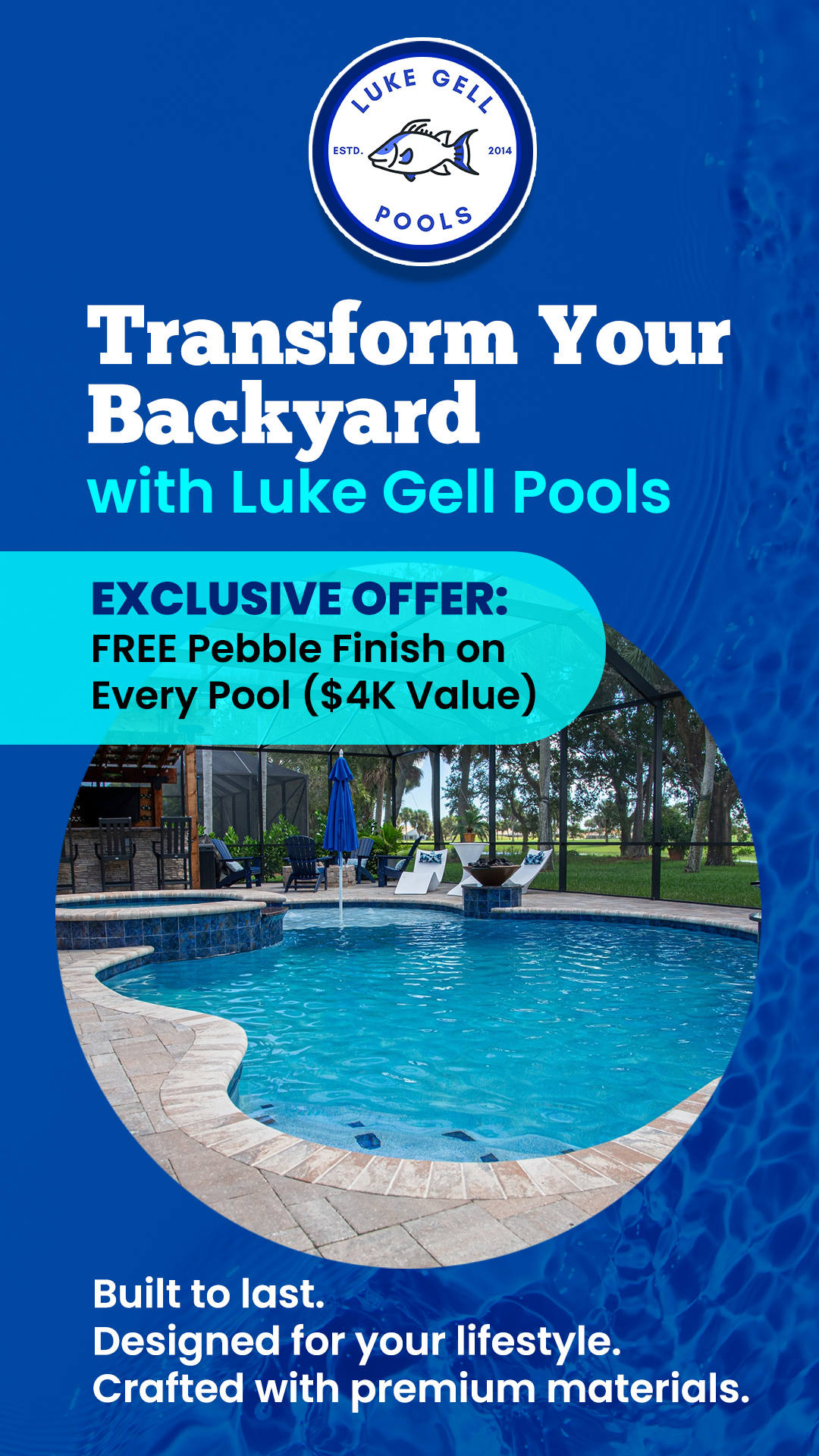Luxury custom backyard pool at dusk with modern home, starting at $69,995 with a free $2,500 upgrade offe