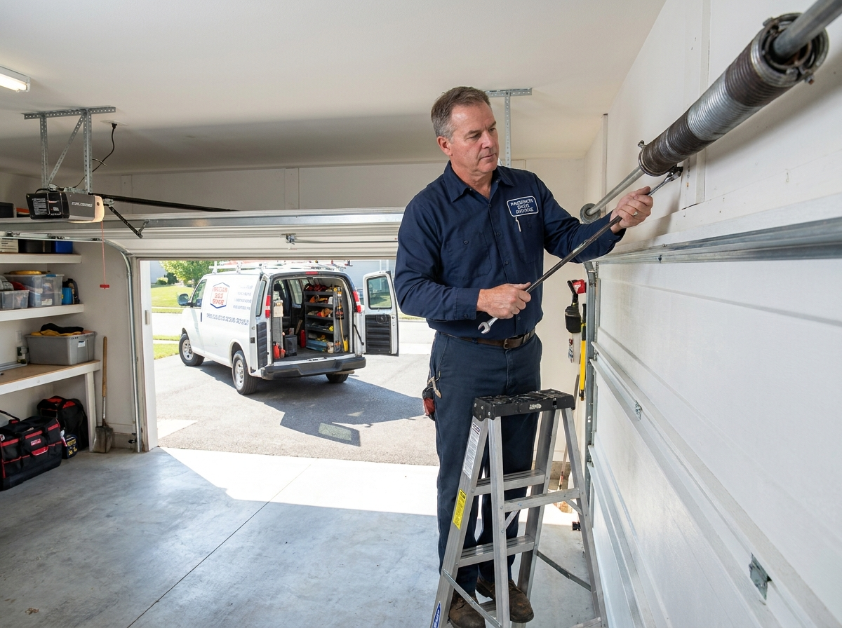 Technician working on a garage door