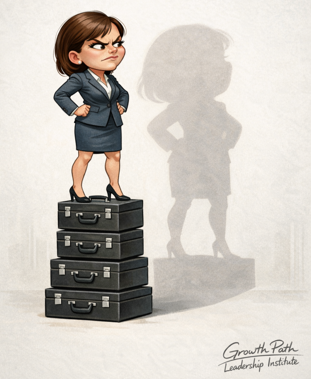 Satirical caricature of a single professional woman standing alone in a minimalist corporate environment. She is noticeably short with exaggerated proportions—large expressive head and compact body—and stands elevated on a stack of three identical black briefcases. Her posture is tense, jaw clenched, brows furrowed, and eyes narrowed with a strained mix of ambition and insecurity. Her hands are positioned forward as if bracing or asserting control, even though no other figure is present in this version. The neutral background keeps the focus on her constructed elevation and emotional intensity. In the bottom right corner appears a subtle handwritten-style signature: “Growth Path Leadership Institute.”