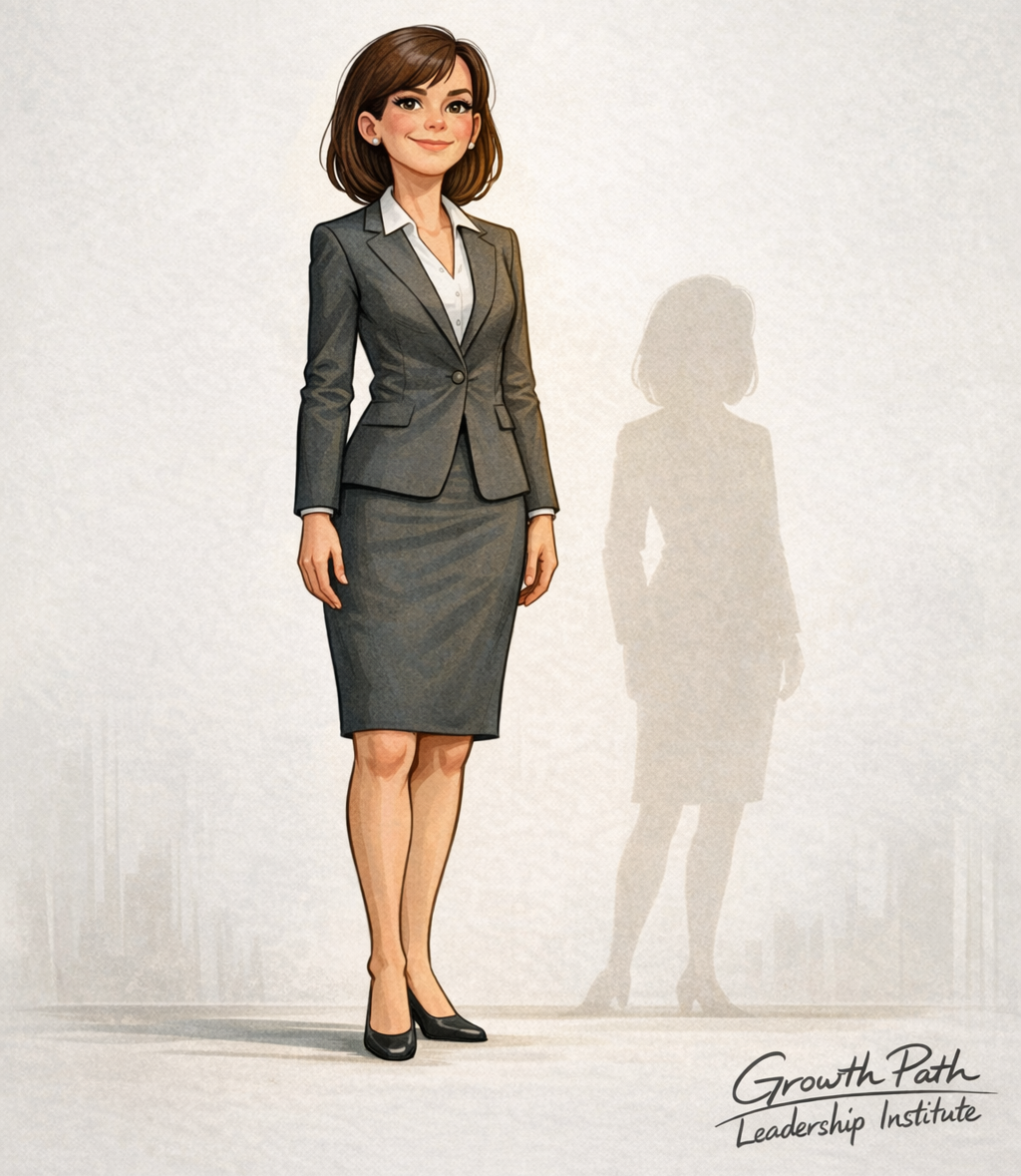 Satirical caricature of a professional woman depicted alone in a minimalist corporate setting. She appears elongated and poised, dressed in business attire similar to her peer in the earlier image. Her posture remains bent forward with hands resting on her knees, and her expression conveys weariness and restrained confusion rather than defeat. The neutral background keeps attention on her internal tension. Her shadow behind her stands upright and strong, subtly suggesting unexpressed strength. In the bottom right corner appears a small handwritten-style signature: “Growth Path Leadership Institute.”