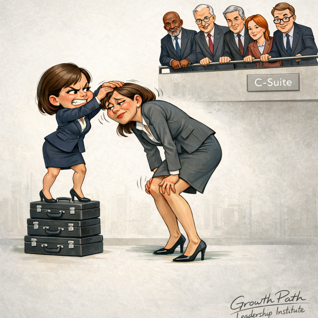 Editorial-style caricature showing a smaller professional standing on stacked briefcases and pushing down a taller professional. Above them, on a balcony labeled “C-Suite,” five diverse executives — four men and one woman — look down confidently while misperceiving the scene, seeing the smaller aggressor as large and powerful and the taller, aligned professional as small. The image symbolizes organizational misjudgment and leadership distortion.