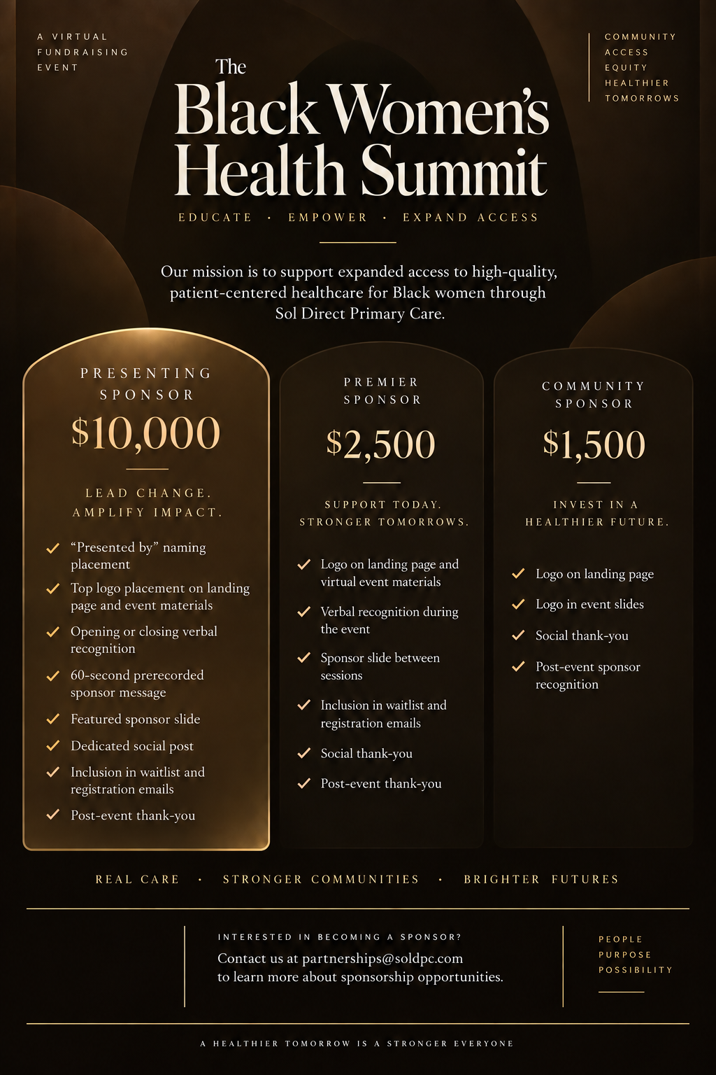 Black Women's Health Summit sponsorship tiers: Presenting Sponsor $10,000, Premier Sponsor $2,500, Community Sponsor $1,500