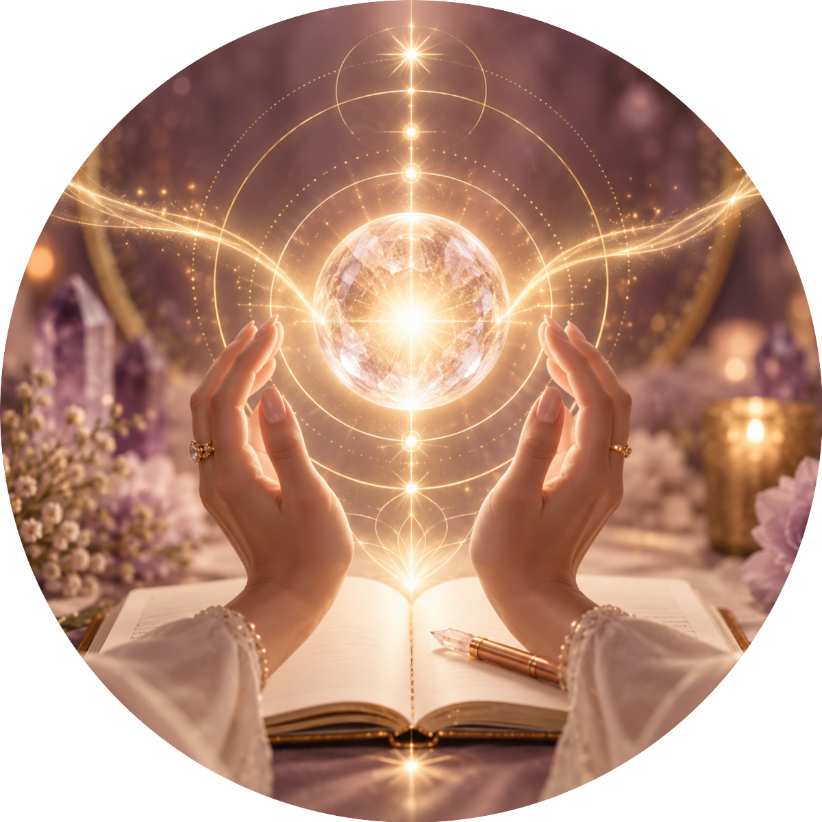 Hands directing focused golden energy toward a luminous crystal orb
