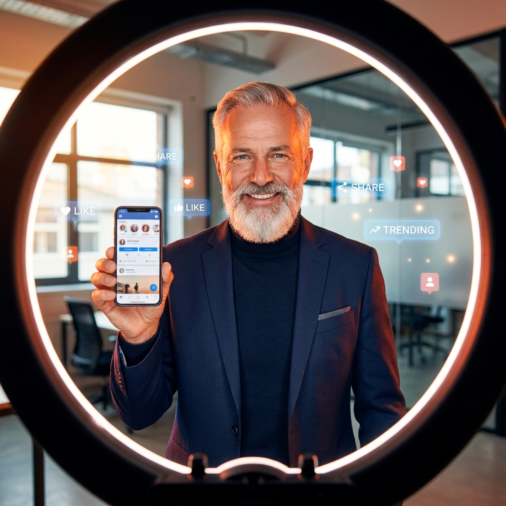 Hombre mayor grabando contenido con su teléfono, rodeado de señales de tendencia en redes