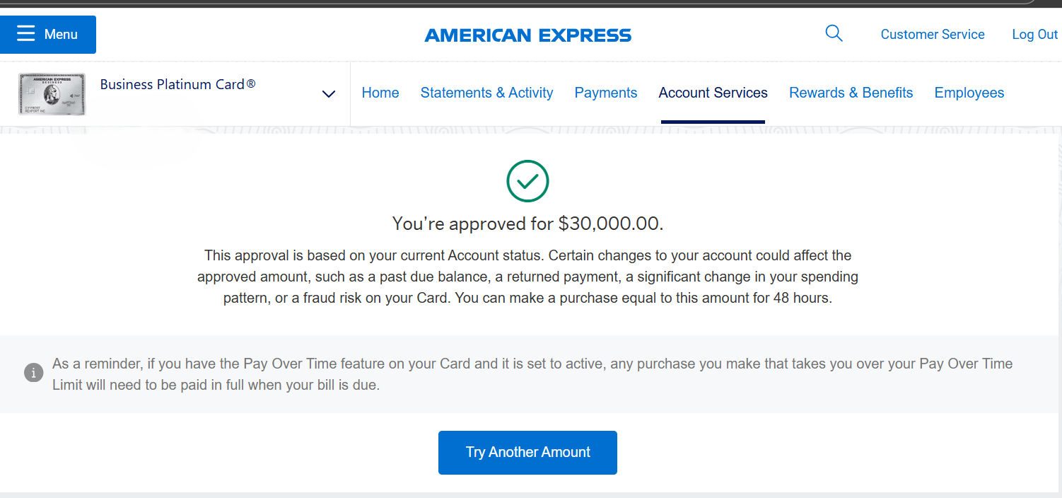Verified client Amex Platinum approval