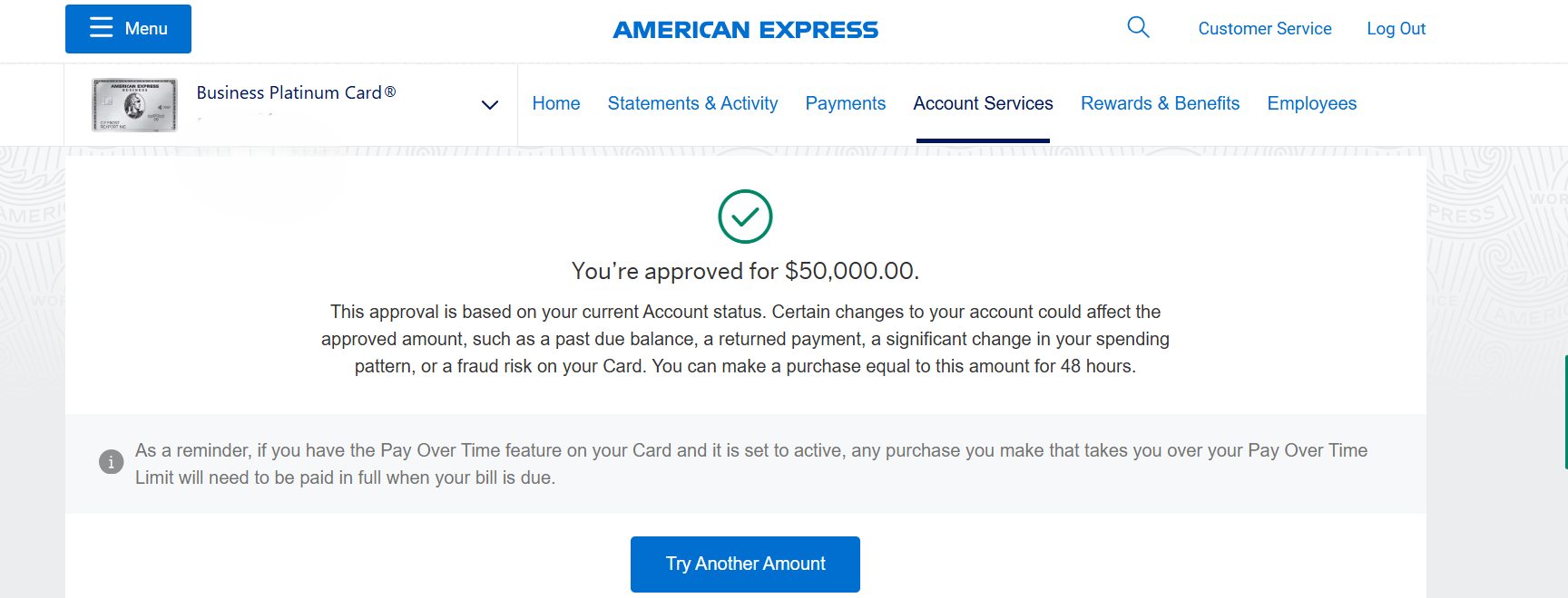 Verified client Amex Platinum approval