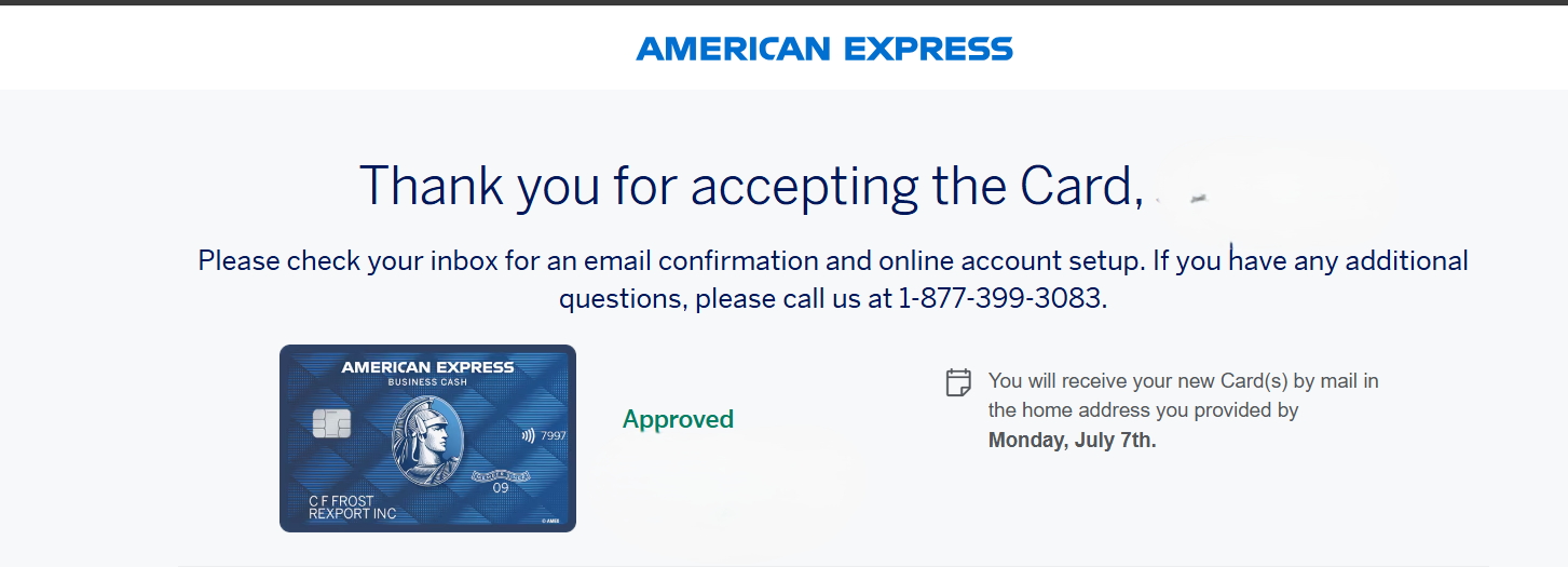 Verified client Amex Blue Cash approval