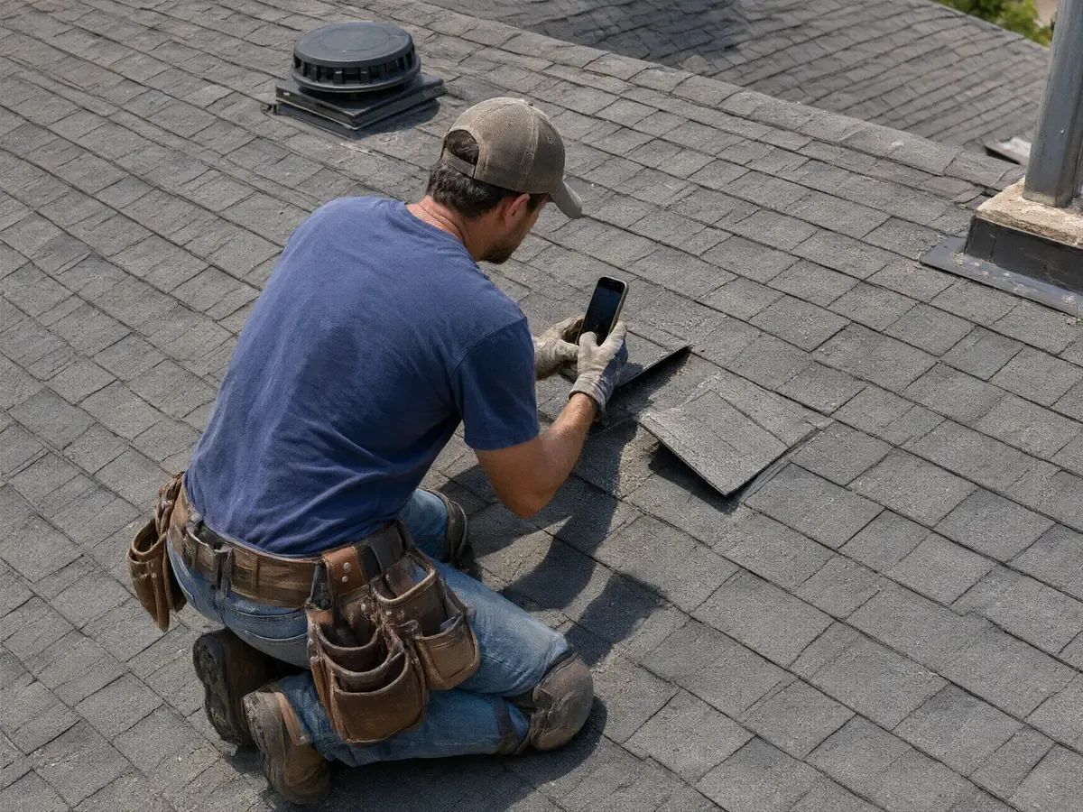 Roofer photographing a lifted shingle during a roof inspection