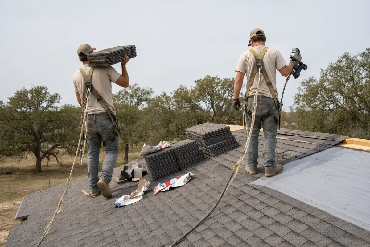 Two roofers installing new shingles on a home