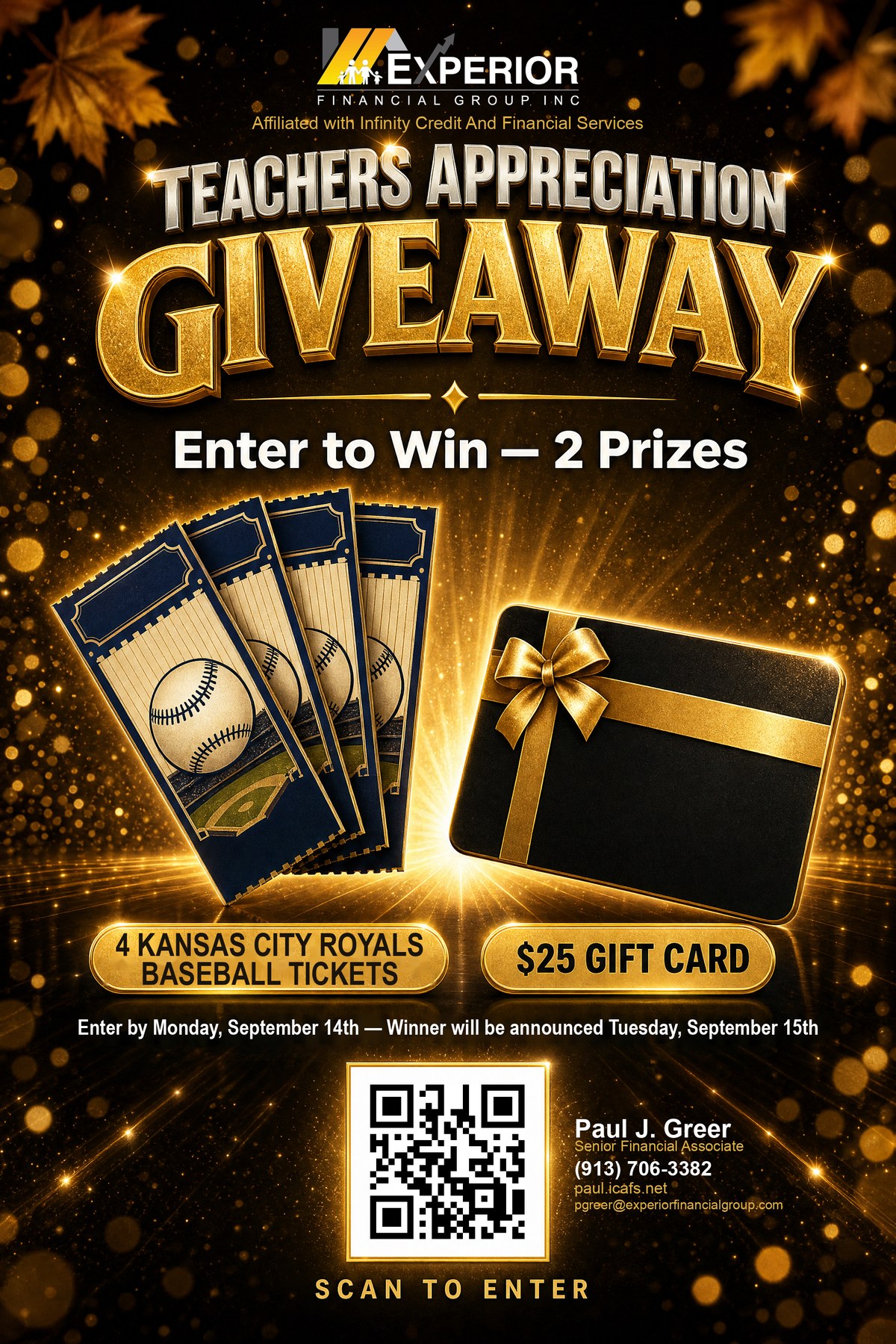 Teachers Appreciation Giveaway: 4 tickets to a Kansas City Royals game and a $25 Amazon gift card. Enter by Monday, September 14th; winner announced Tuesday, September 15th.
