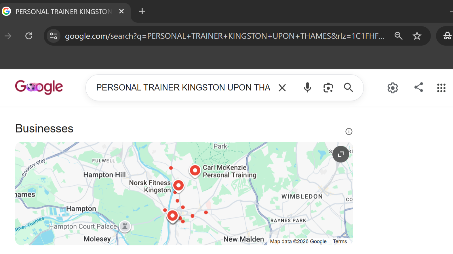 Google Maps search results showing personal trainers and health coaches near Kingston upon Thames