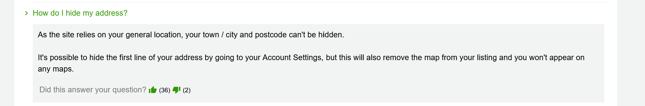 A directory help page saying a business's town and postcode can't be hidden, only the first line of the address