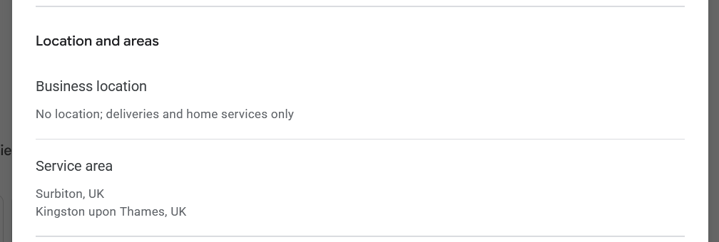 Google Business Profile showing no public location and a service area of Surbiton and Kingston upon Thames