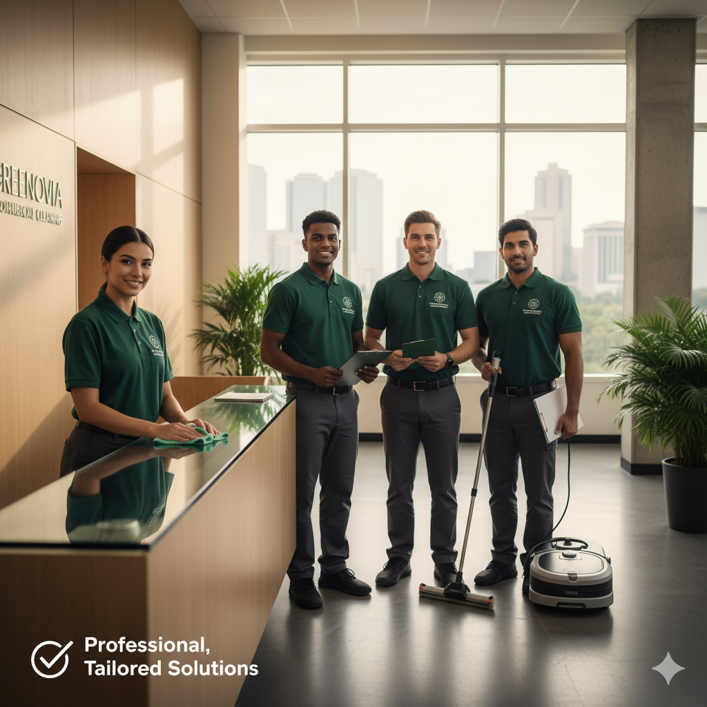 Professional cleaning team at a reception desk.