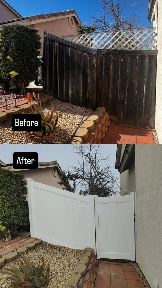 Before and after vinyl fence replacement by Islas Fencing