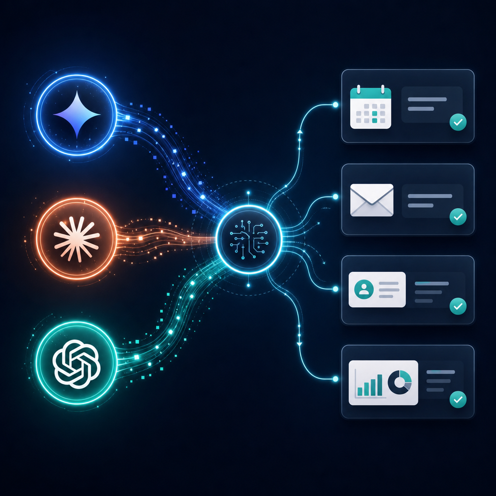 AI agent workflow diagram showing multi-step autonomous task execution across business applications