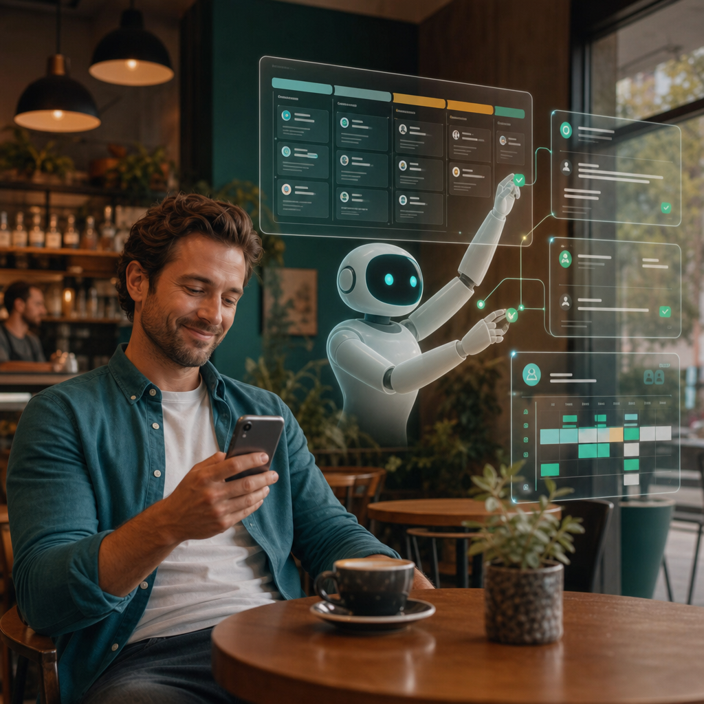 Small business owner using AI-powered productivity tools while AI handles CRM follow-up and scheduling autonomously