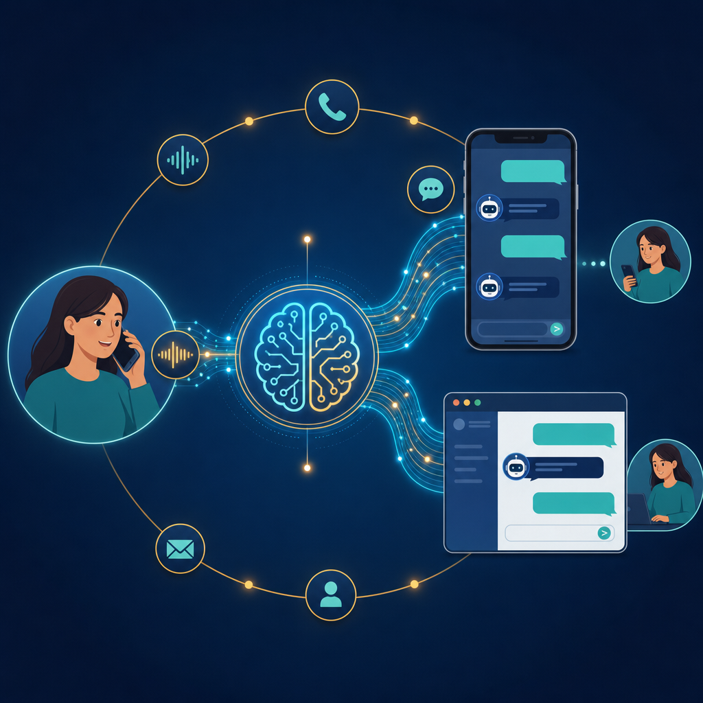 Omnichannel AI customer service workflow diagram showing voice calls, chat messages, and web interactions flowing into a unified AI system