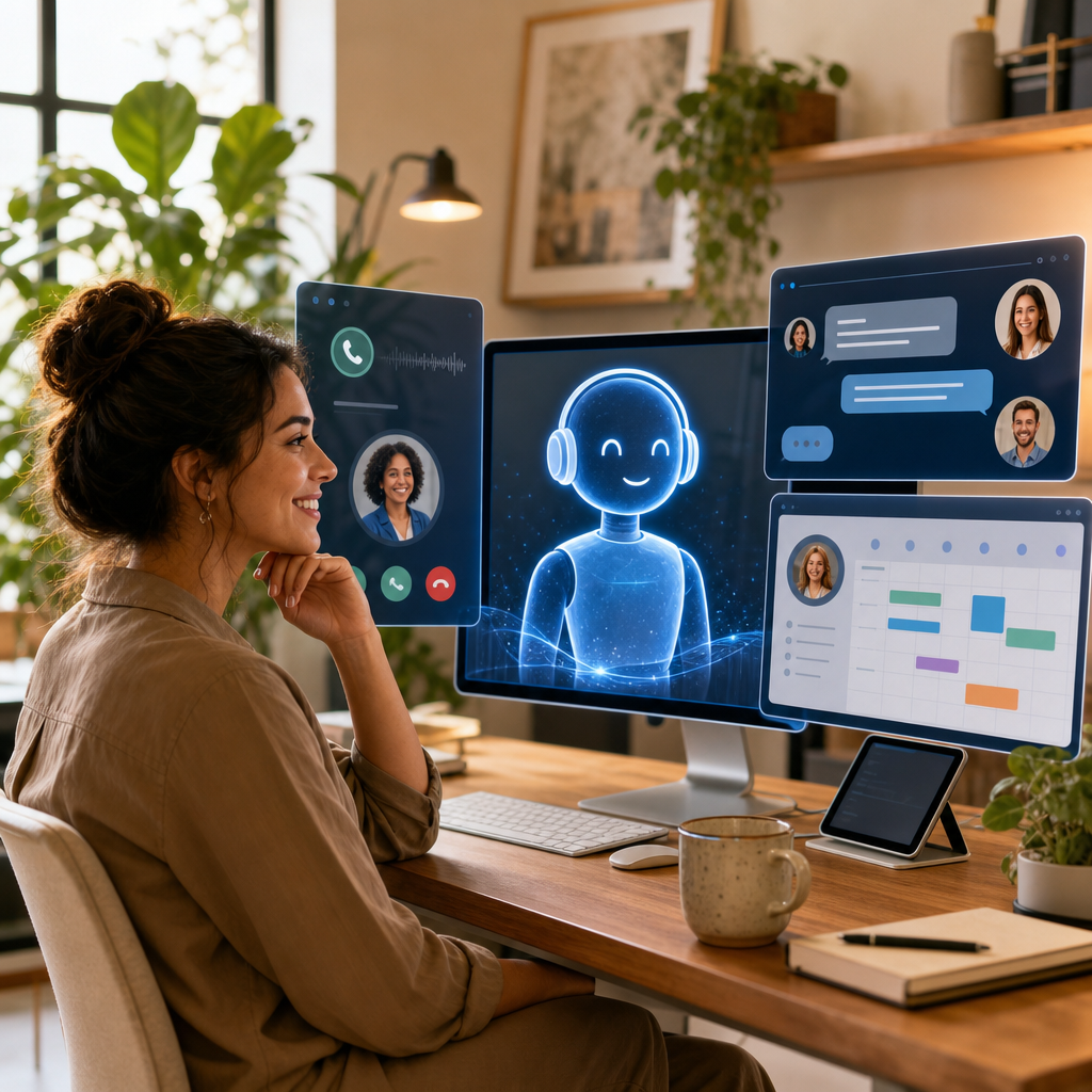 Small business owner smiling at a desk while an AI assistant manages customer service inquiries across multiple screens and channels automatically