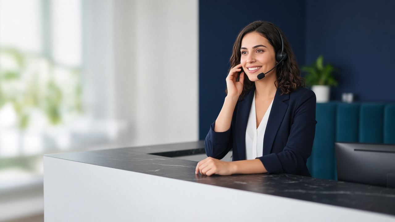 Smiling receptionist with a headset answering a call at a front desk