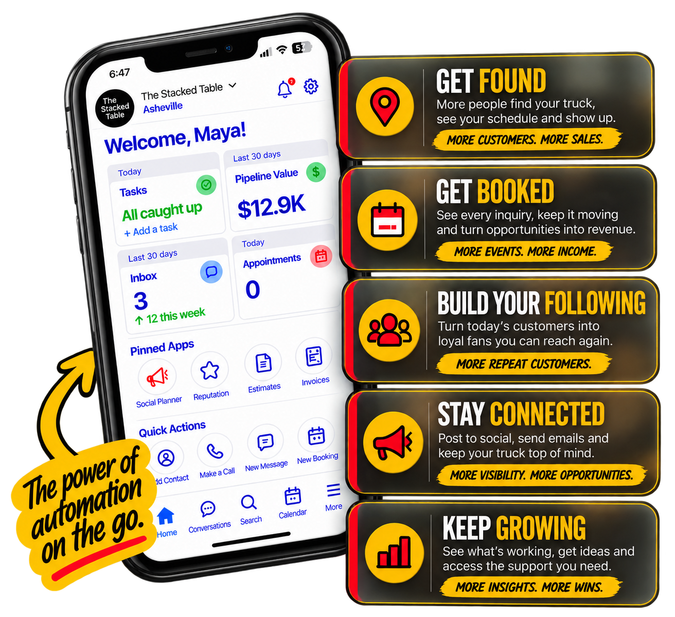 Phood Truck Business App showing tools for getting found, managing bookings, building a following, staying connected and growing.