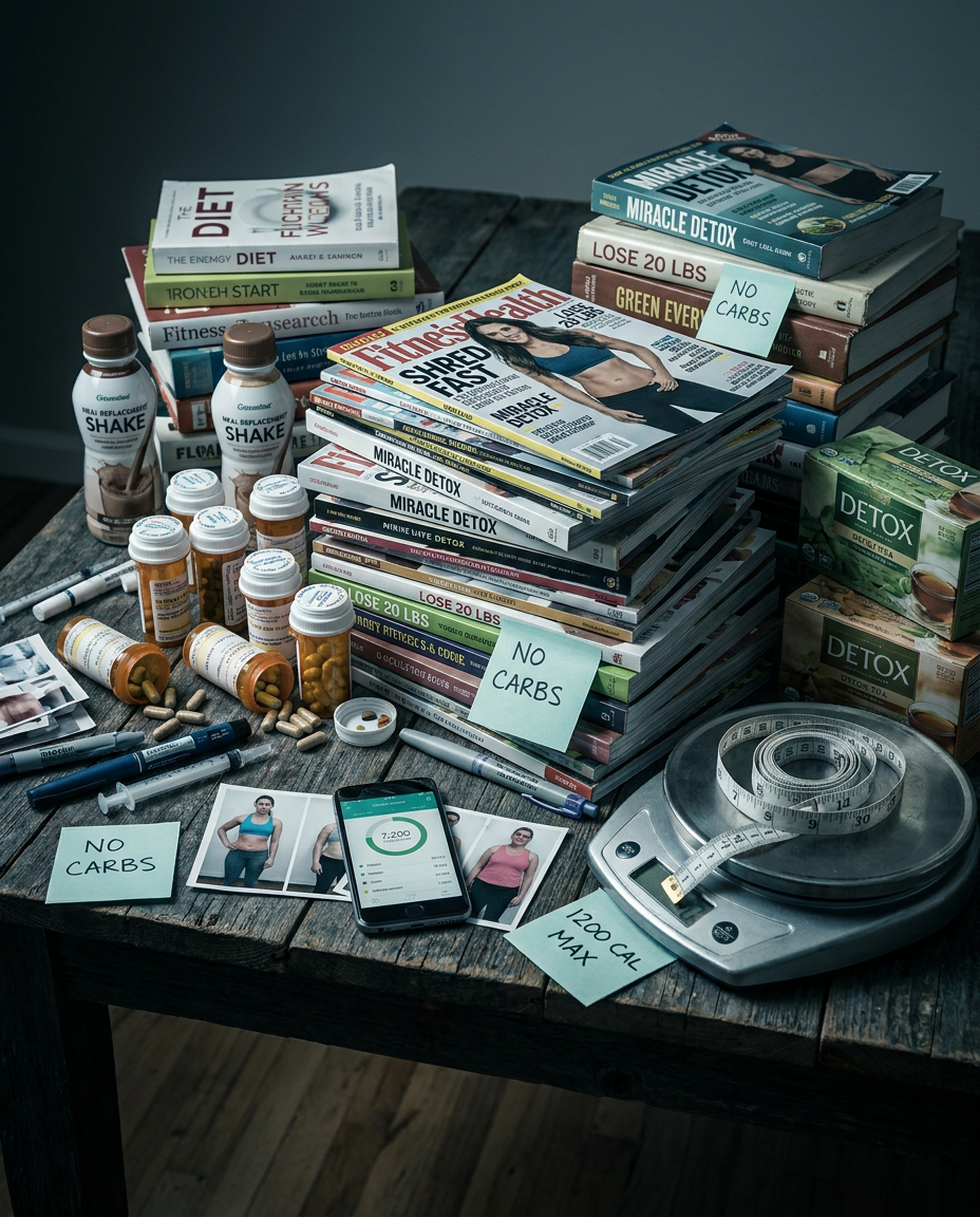 The excess of diet culture — stacks of magazines, pills, injections, and gadgets