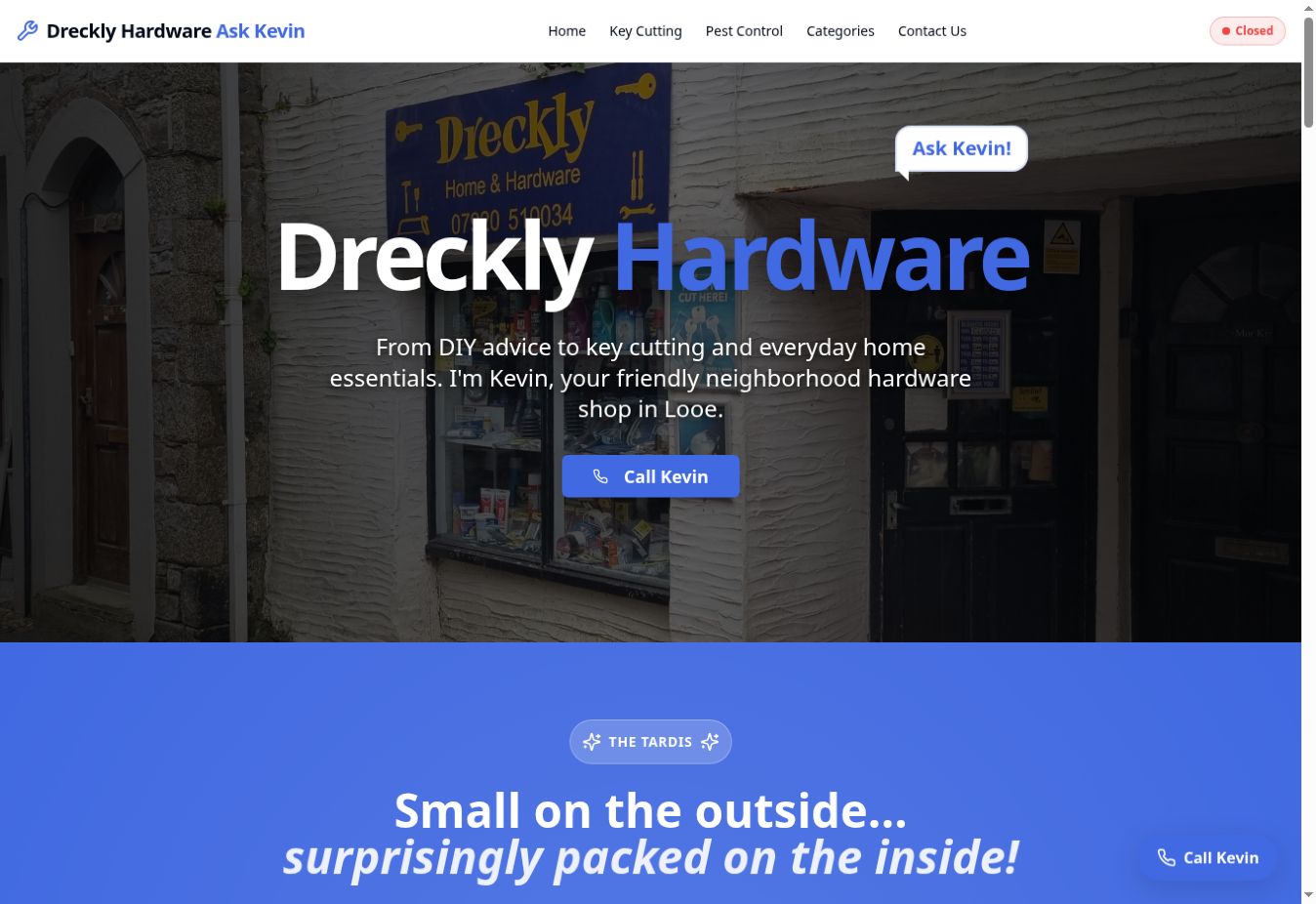 Dreckly Hardware — Ask Kevin website preview — Local Retail & Hardware Store