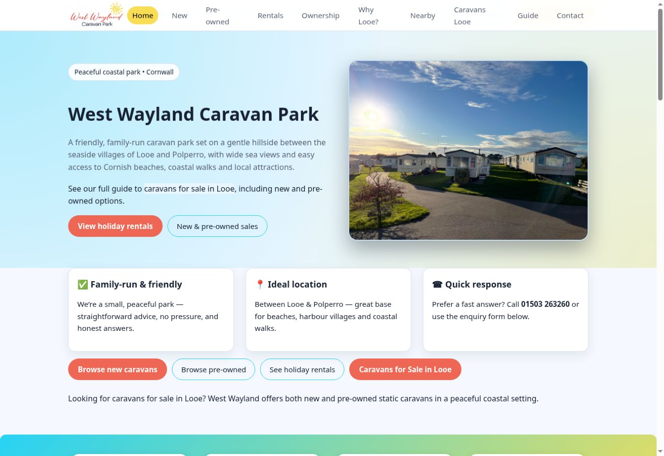 West Wayland Caravan Park website preview — Caravan Sales & Holiday Rentals
