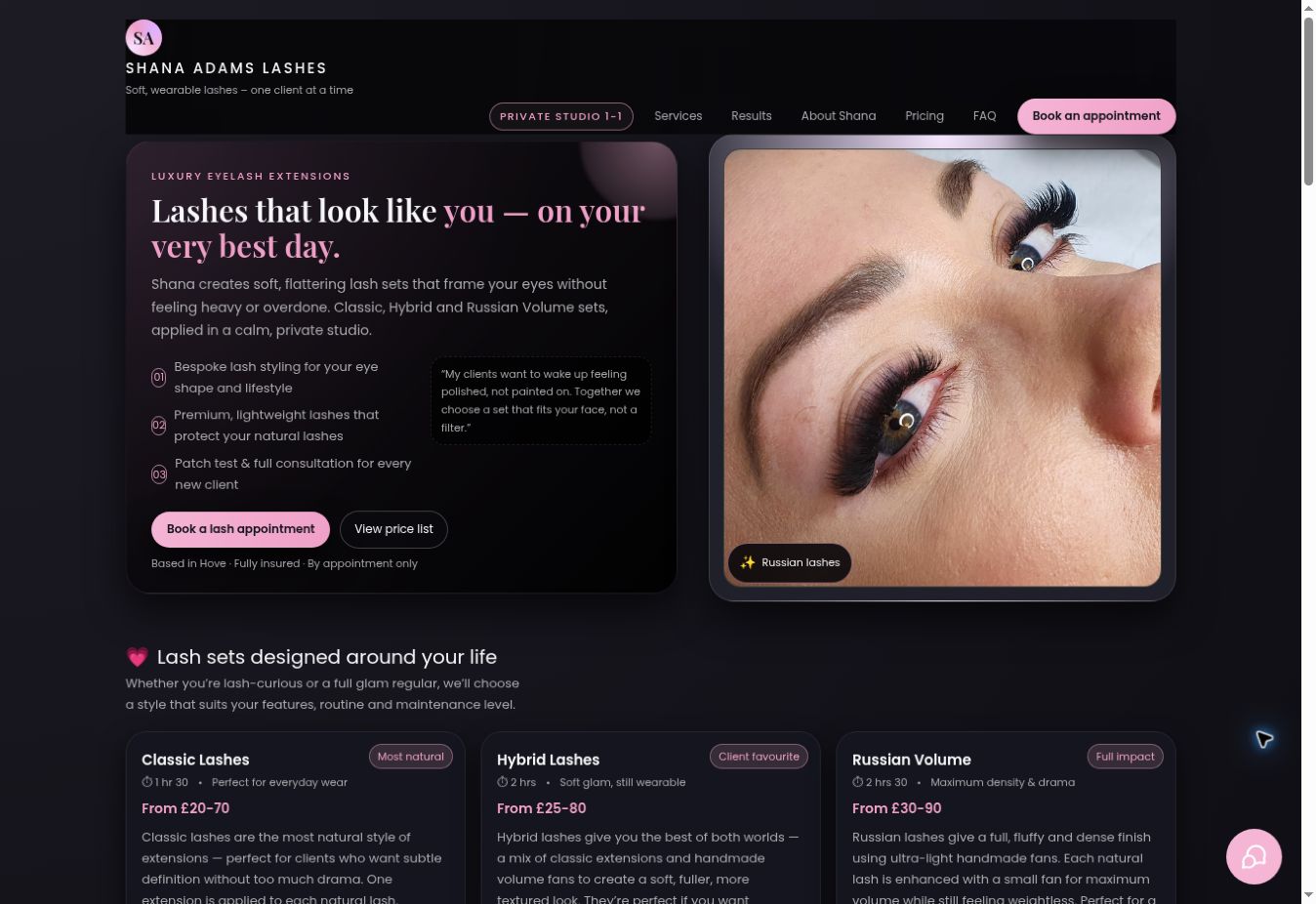 Shana Adams Lashes website preview — Beauty & Private Studio