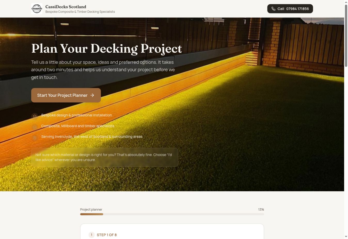 CassiDecks Scotland website screenshot — Decking & Outdoor Living