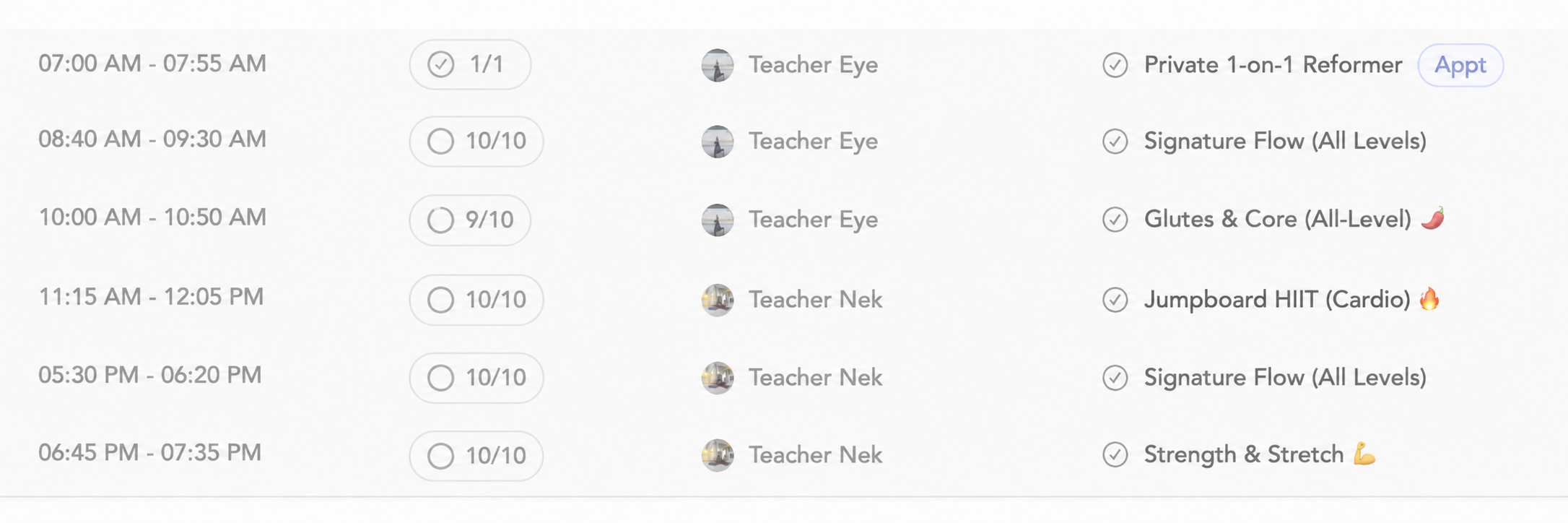 Booking system showing the full weekly class schedule sold out