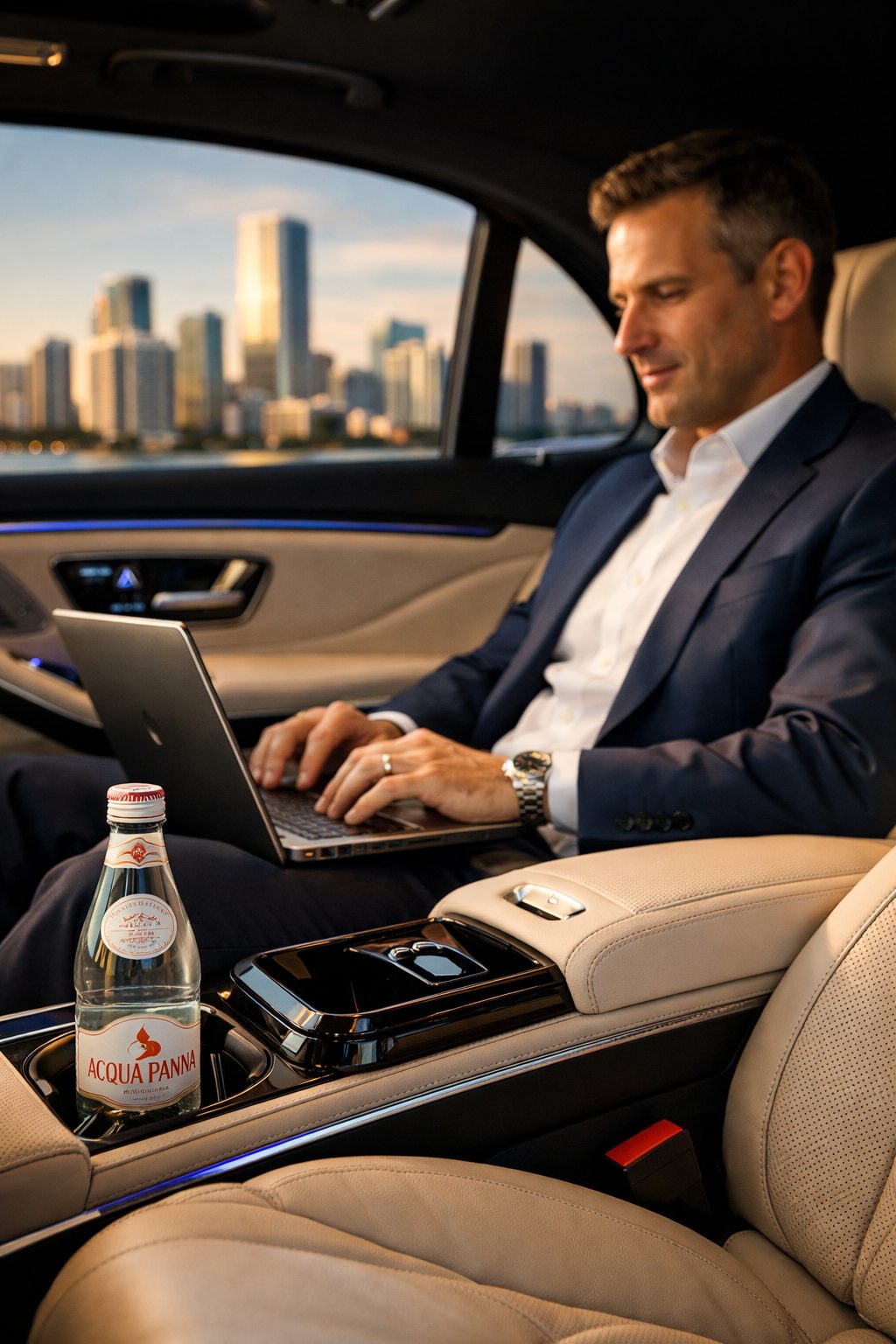 Executive working on a laptop in the rear cabin of a luxury sedan with Acqua Panna water on the armrest and Miami skyline visible