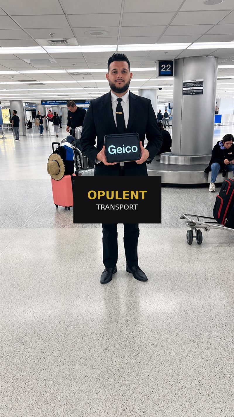 Opulent Transport chauffeur in a black suit waiting at Fort Lauderdale-Hollywood International Airport baggage claim, holding a meet-and-greet tablet for arriving passengers