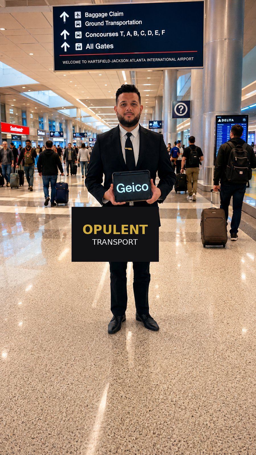 Opulent Transport chauffeur standing in the main terminal of Hartsfield-Jackson Atlanta International Airport, holding a meet-and-greet tablet beneath the ATL directional signs