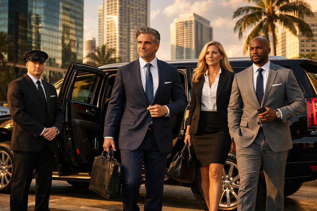 Corporate executives and their chauffeur stepping out of a black luxury SUV against the Miami skyline — Opulent Transport corporate car service