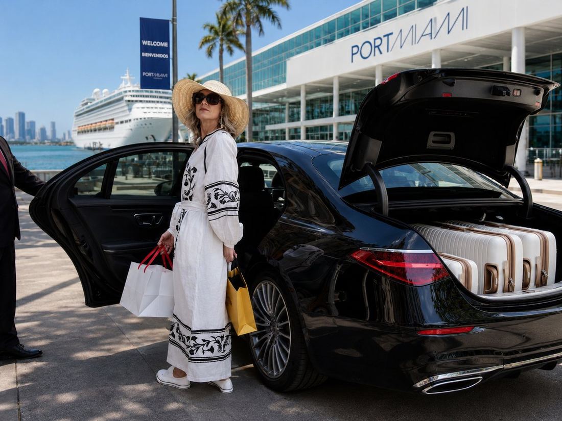 Elegantly dressed client with designer shopping bags boarding a black Mercedes-Benz S-Class at Port Miami, cruise ship and Miami skyline in background — Opulent Transport luxury cruise port transfer service