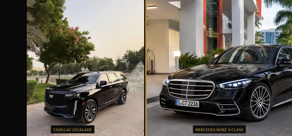 Side-by-side comparison of a black Cadillac Escalade SUV and a black Mercedes-Benz S-Class sedan parked outside a luxury hotel — Opulent Transport fleet options