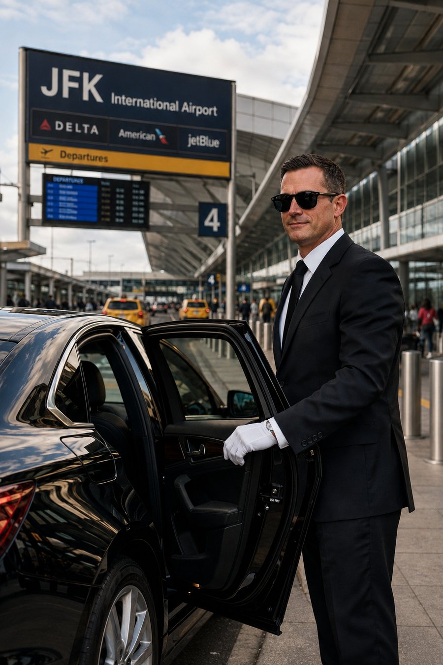 White-gloved Opulent Transport chauffeur in a black suit opening the door of a luxury black sedan outside JFK International Airport Terminal 4 — NYC airport car service
