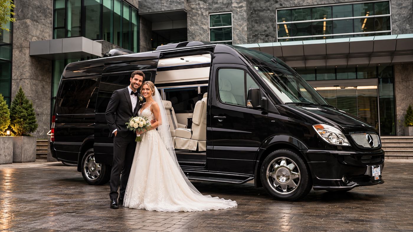 Newlyweds standing beside a black Mercedes-Benz Sprinter van outside a hotel entrance