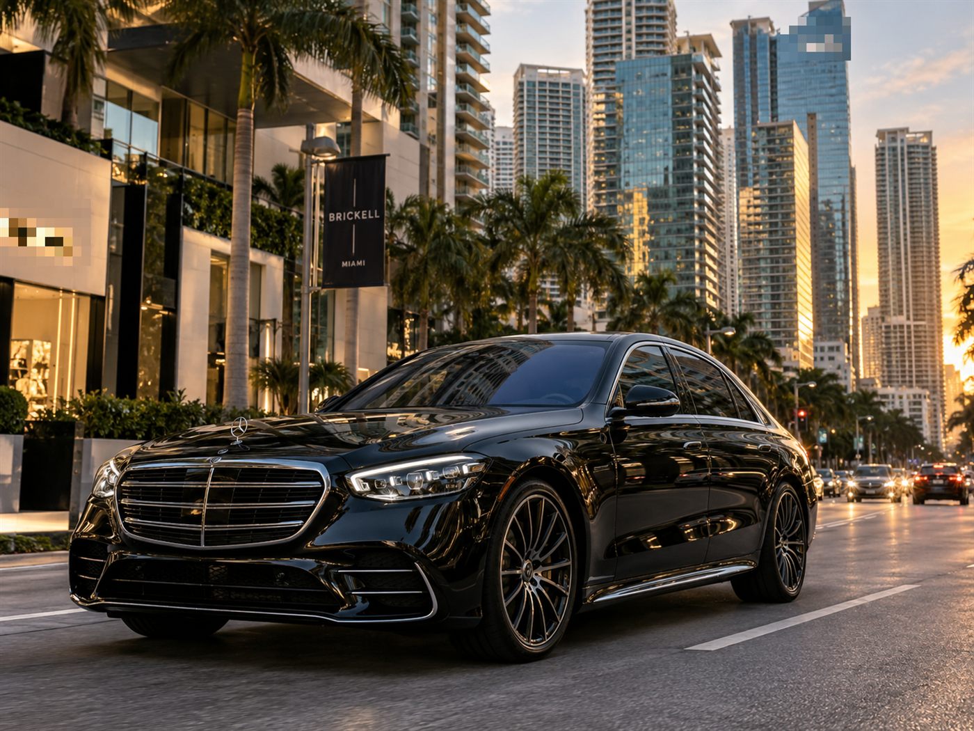Black Mercedes-Benz S-Class on Brickell Avenue in Miami at sunset, high-rise towers behind